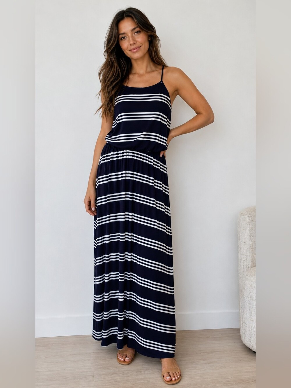 LOFT Navy and White Striped Maxi Dress
